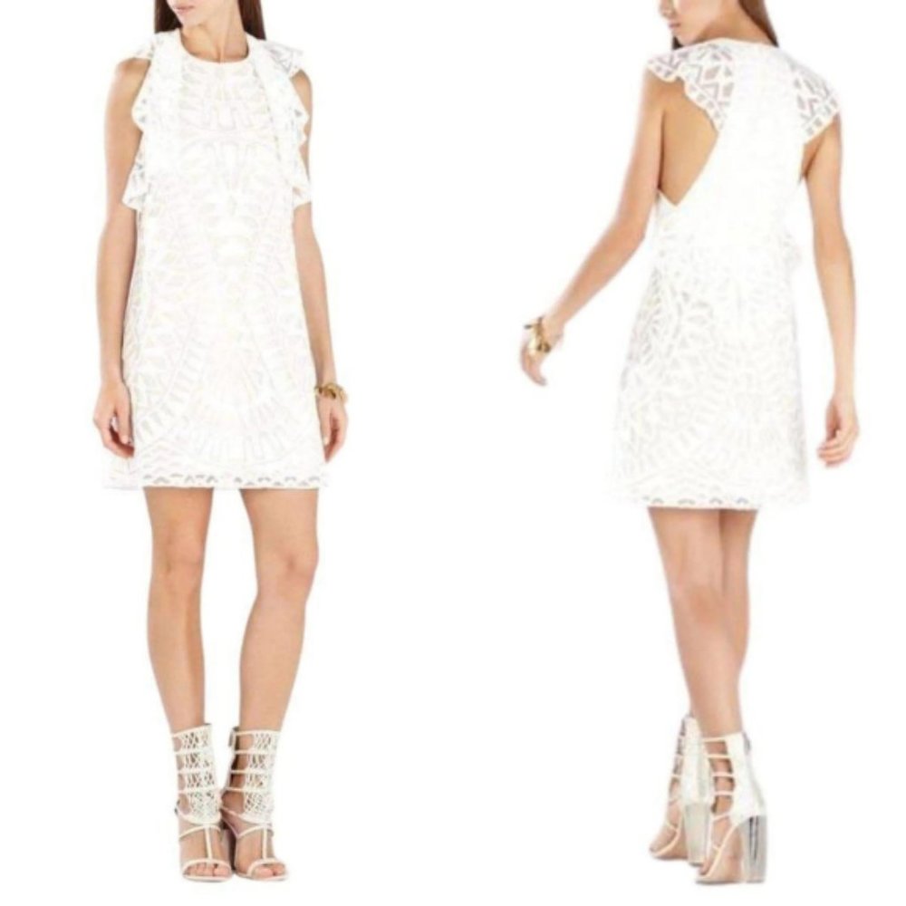 BCBGMaxAzria White Lace Ruffle Cap-Sleeve Shift Dress